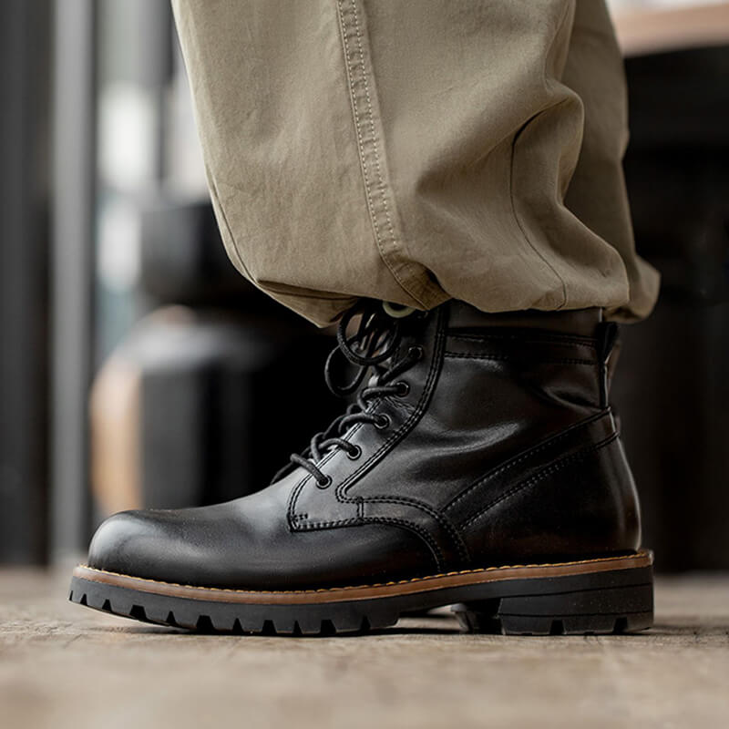 Black Leather Ankle Combat Cavalry Boots - Main Image